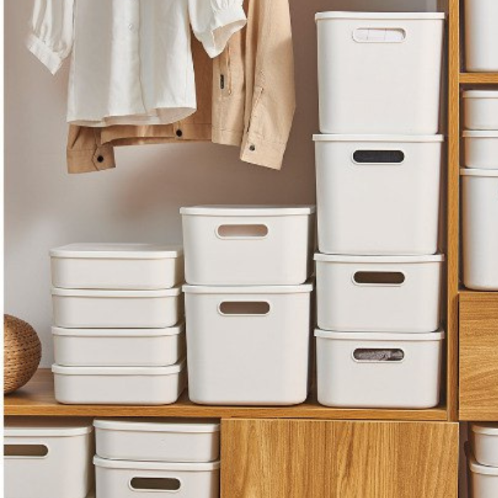 JRKSG Pastel Minimalist Stackable Plastic Storage Box Home Organiser Container with Lid