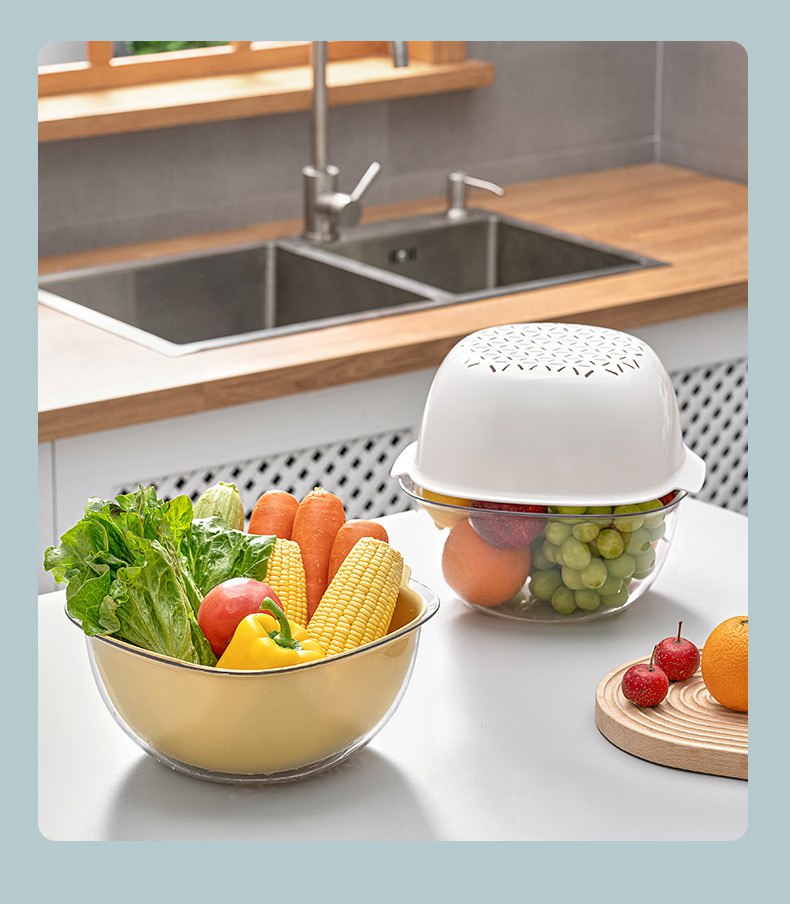 2-in-1 kitchen Strainer/ Colander & Bowl Sets, Large Plastic Washing Bowl and basket, Detachable for Fruits Vegetable Cleaning Washing Mixing