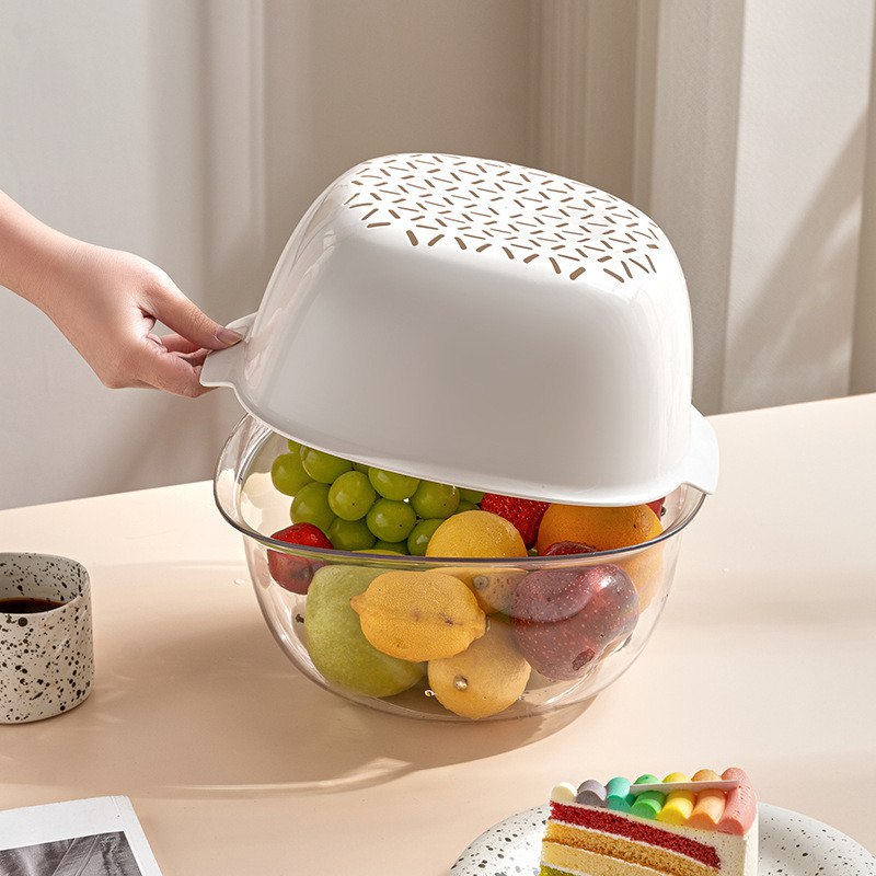 2-in-1 kitchen Strainer/ Colander & Bowl Sets, Large Plastic Washing Bowl and basket, Detachable for Fruits Vegetable Cleaning Washing Mixing