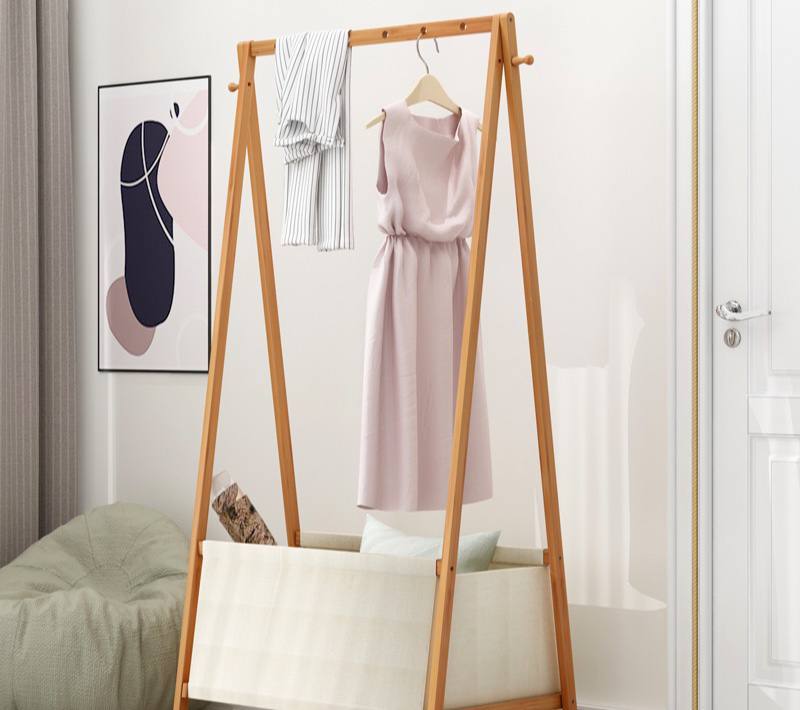 Layia Foldable Bamboo Clothes Rack Stand With linen fabric storage basket organiser