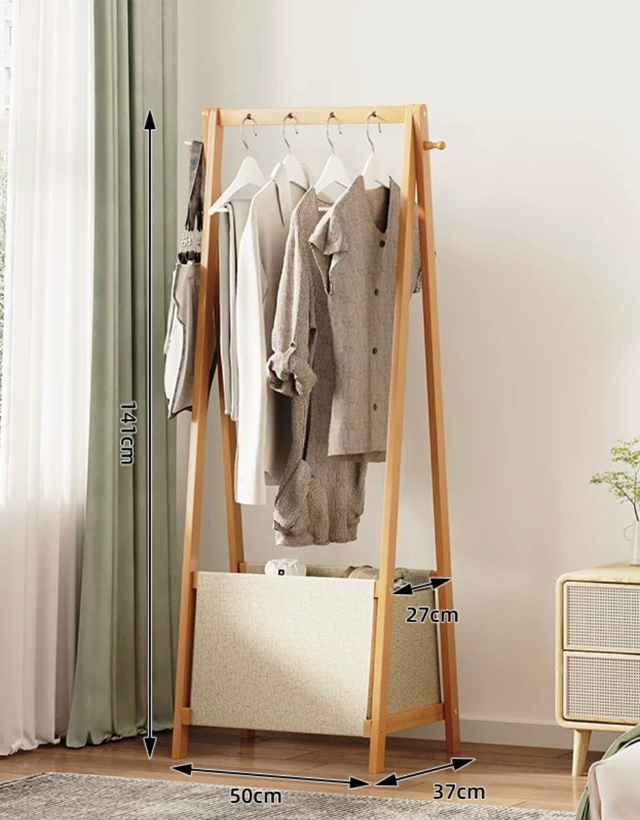 Layia Foldable Bamboo Clothes Rack Stand With linen fabric storage basket organiser
