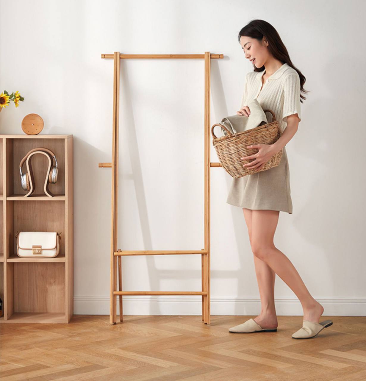 Layia Foldable Bamboo Clothes Rack Stand With linen fabric storage basket organiser