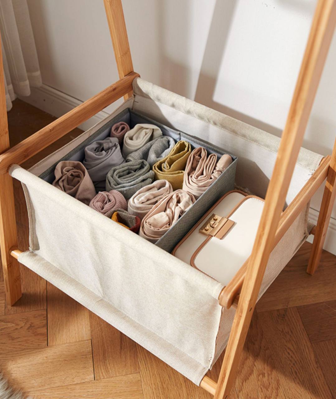 Layia Foldable Bamboo Clothes Rack Stand With linen fabric storage basket organiser