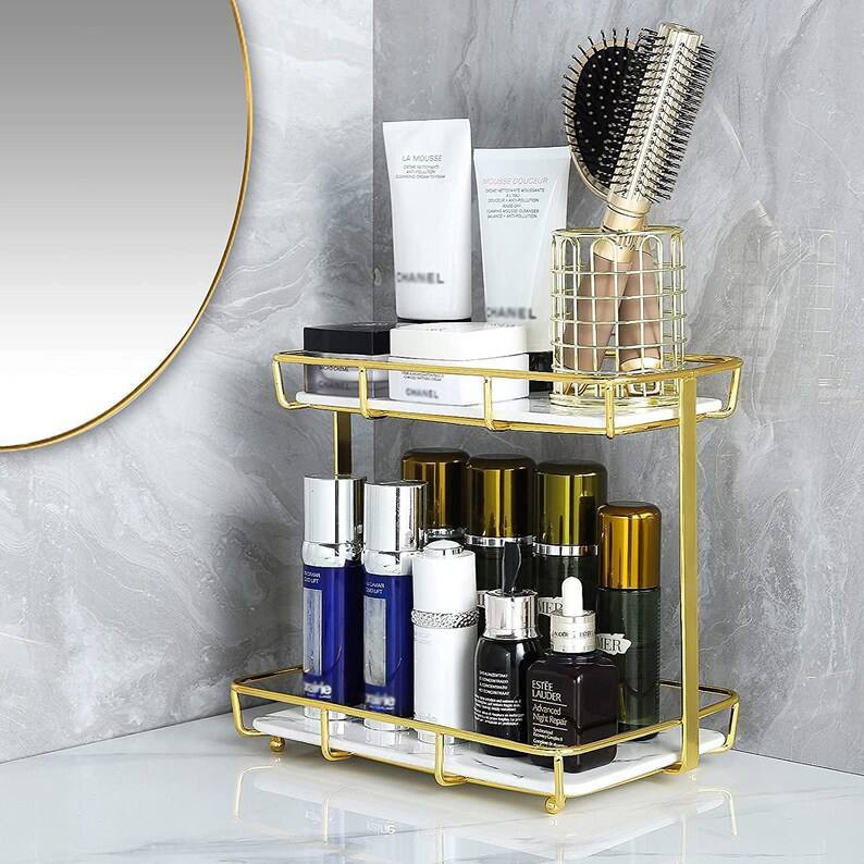 Gold Desk Organizer Metal Shelves With Ceramic Partition / Bathroom organiser rack