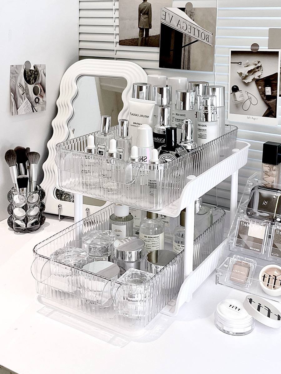 Acrylic fluted desk organiser sliding rack for Kitchen / Bathroom / table Storage Organizer