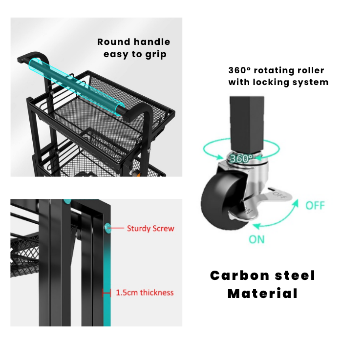 3 Tier Collapsible Trolley Cart Storage Rack Tray Shelf