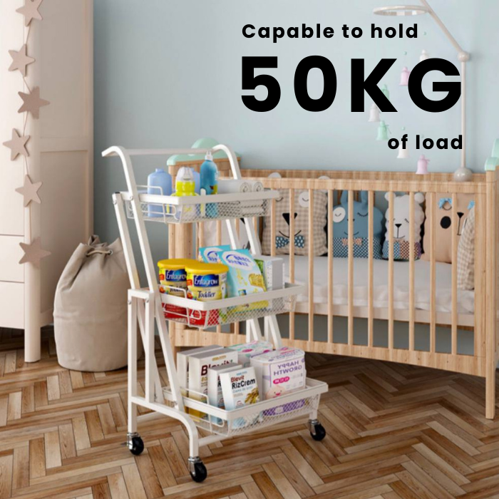 3 Tier Collapsible Trolley Cart Storage Rack Tray Shelf