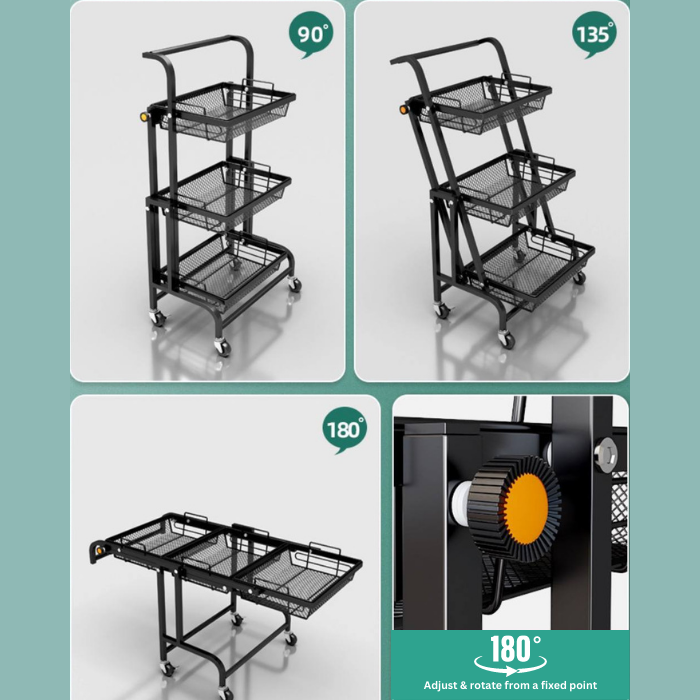 3 Tier Collapsible Trolley Cart Storage Rack Tray Shelf