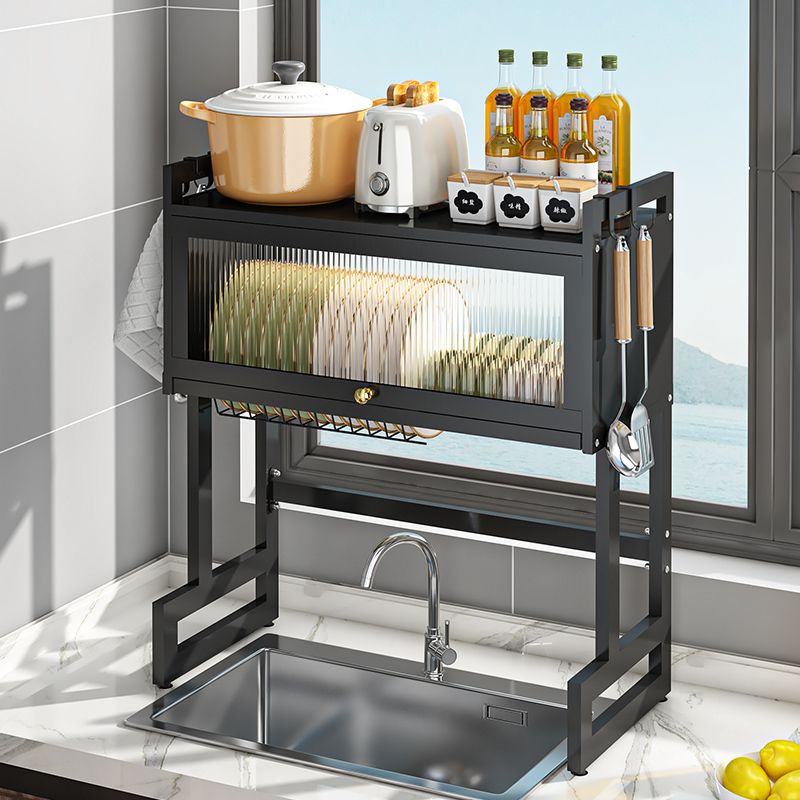 Captive over the sink dish rack with cover