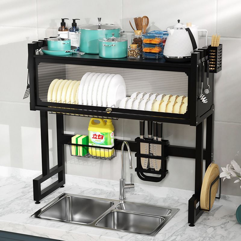 Captive over the sink dish rack with cover