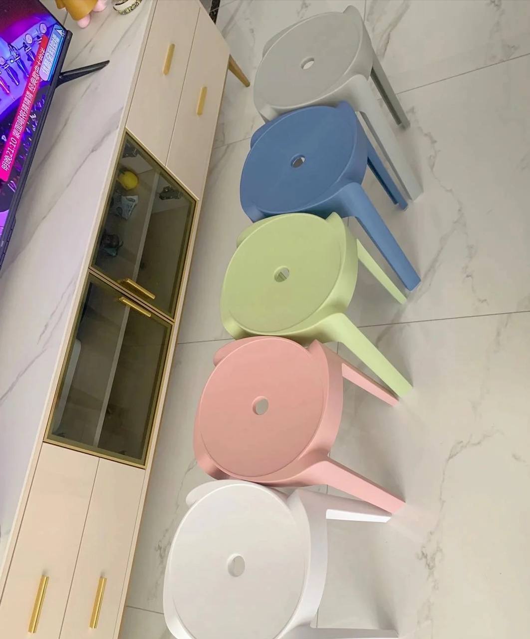 Stackable Neutral color round plastic stools