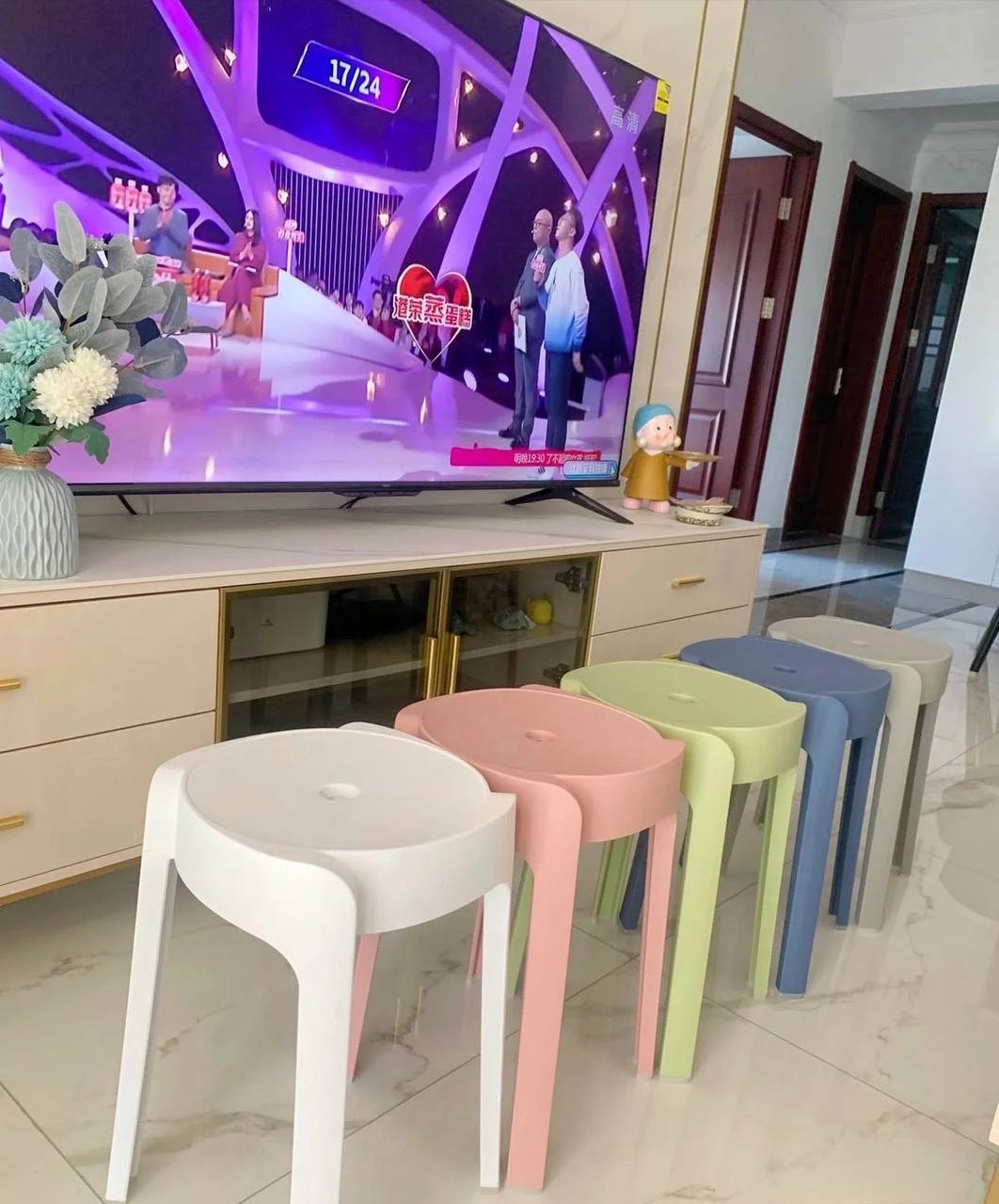 Stackable Neutral color round plastic stools