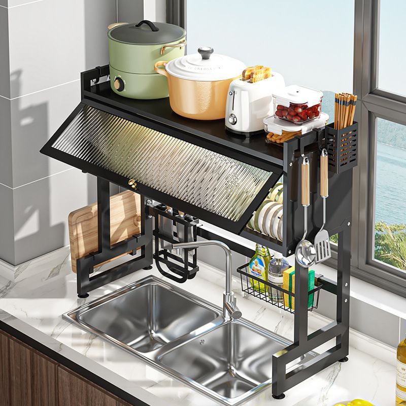 Captive over the sink dish rack with cover