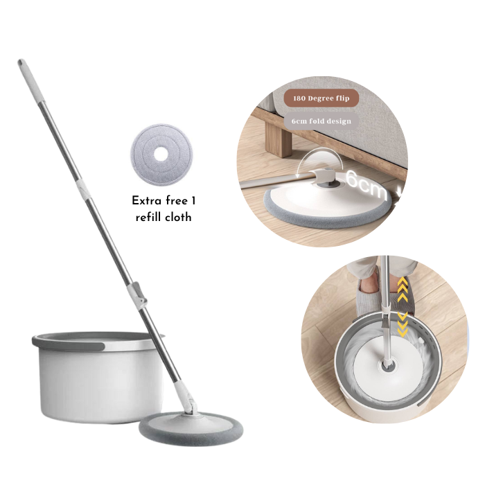 Self Wringing Spin Mop Bucket Set with Extendable Handle 3600 Swivel and 2x Microfibre Mop Heads