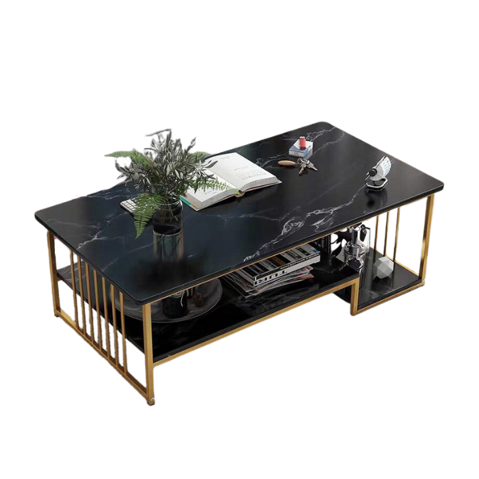 Bold black coffee table with gold accents and marble veins