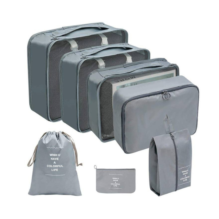 Travel essential Grey Waterproof 7-Piece Packing Cubes Travel Storage Bag Set