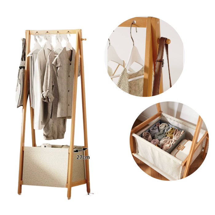 Layia Foldable Bamboo Clothes Rack Stand With linen fabric storage basket organiser