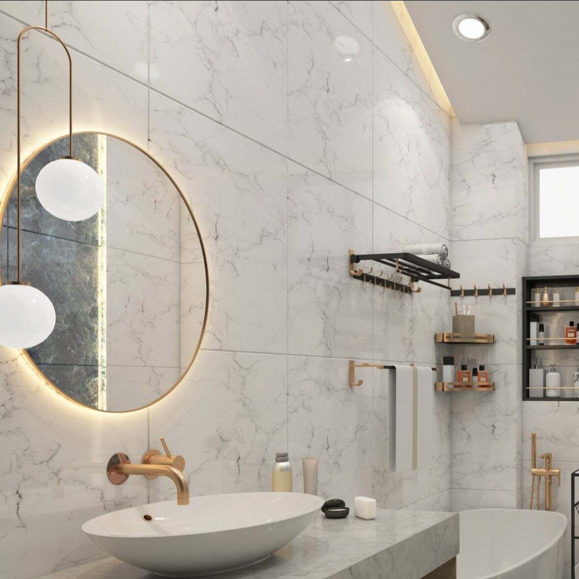 Statement Gold Round Mirror with Shelf