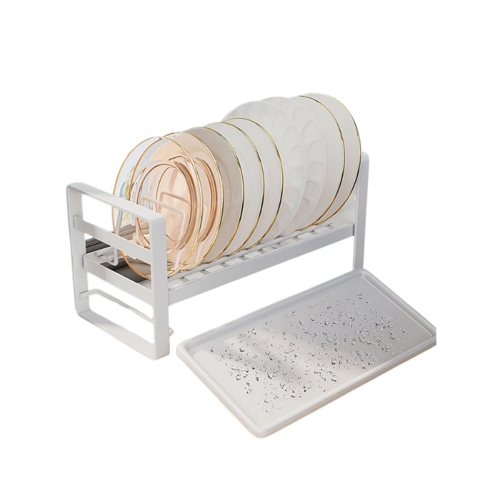 Non-slip metal dish rack organizer for kitchen, countertop, cabinet, drawer.