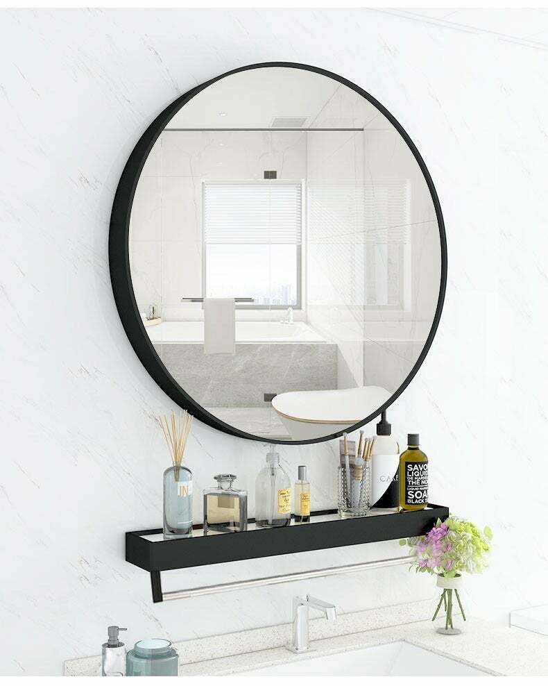 Statement Black Round Mirror with Shelf