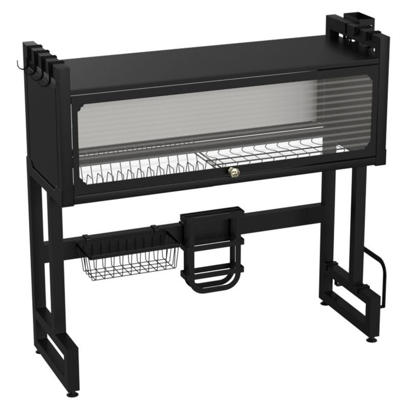 Captive over the sink dish rack with cover