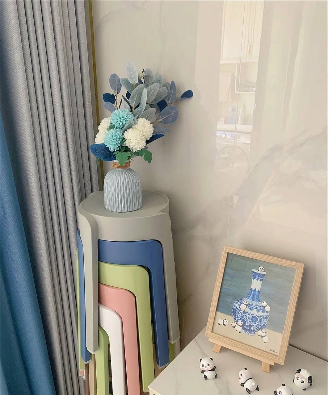 Stackable Neutral color round plastic stools