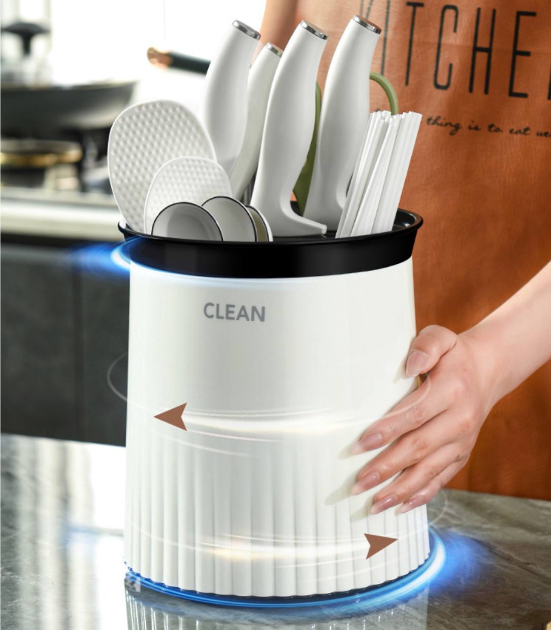 Integrated Rotating Utensil Organizer with removable tray