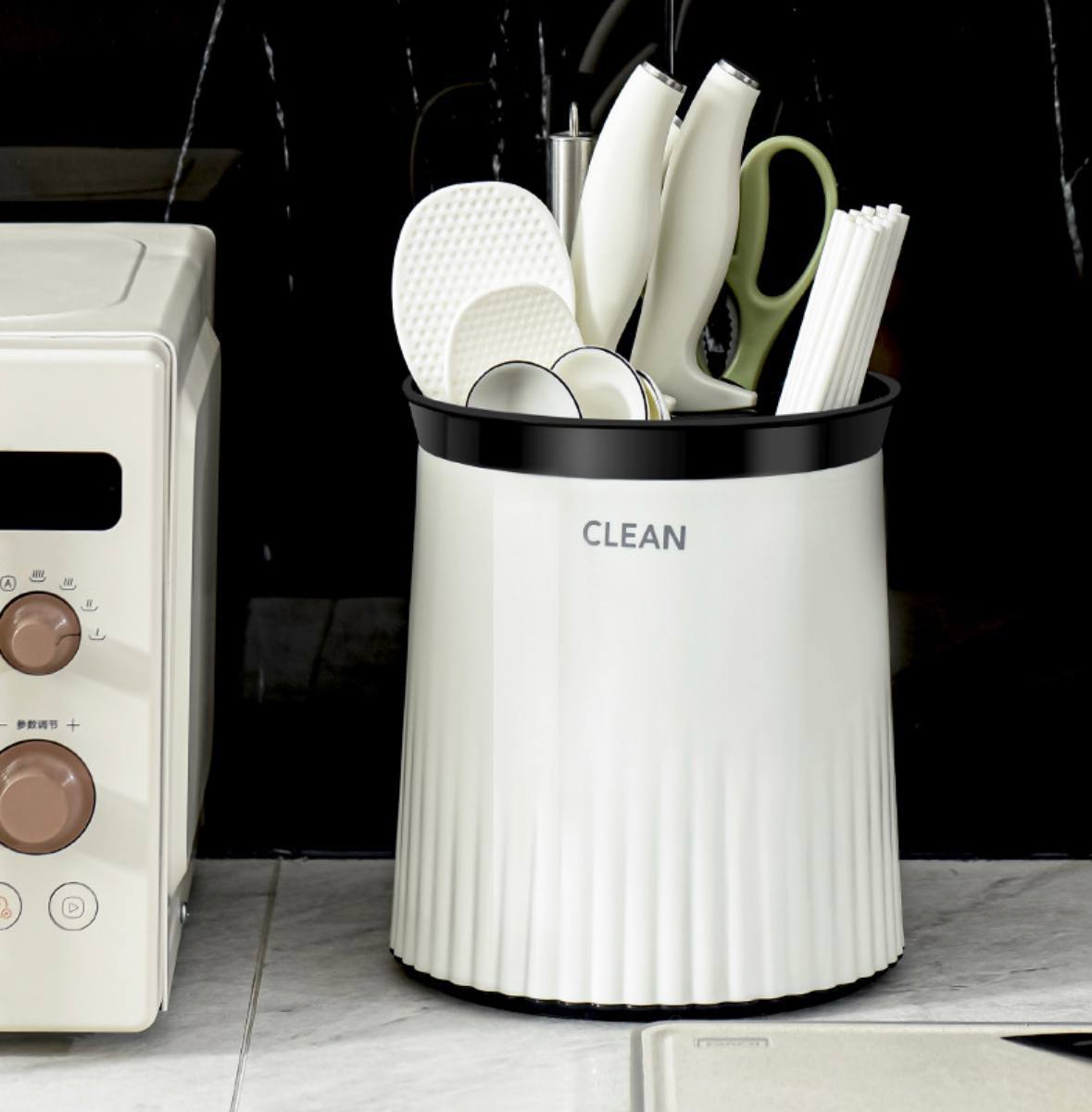 Integrated Rotating Utensil Organizer with removable tray