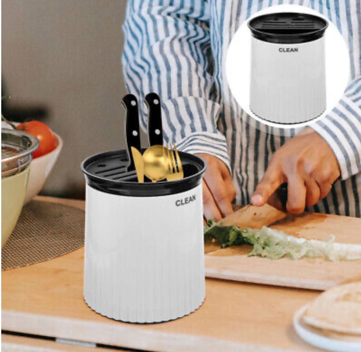 Integrated Rotating Utensil Organizer with removable tray