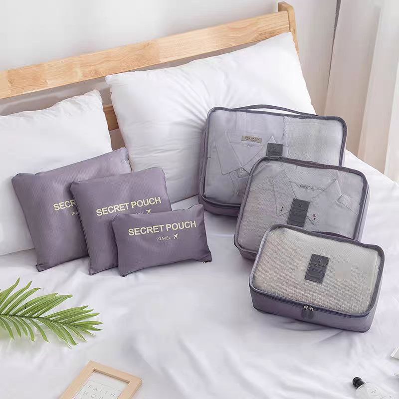 Travel essential Grey Waterproof 7-Piece Packing Cubes Travel Storage Bag Set