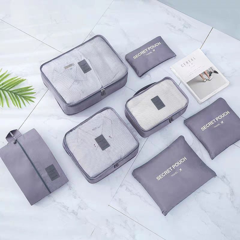 Travel essential Grey Waterproof 7-Piece Packing Cubes Travel Storage Bag Set