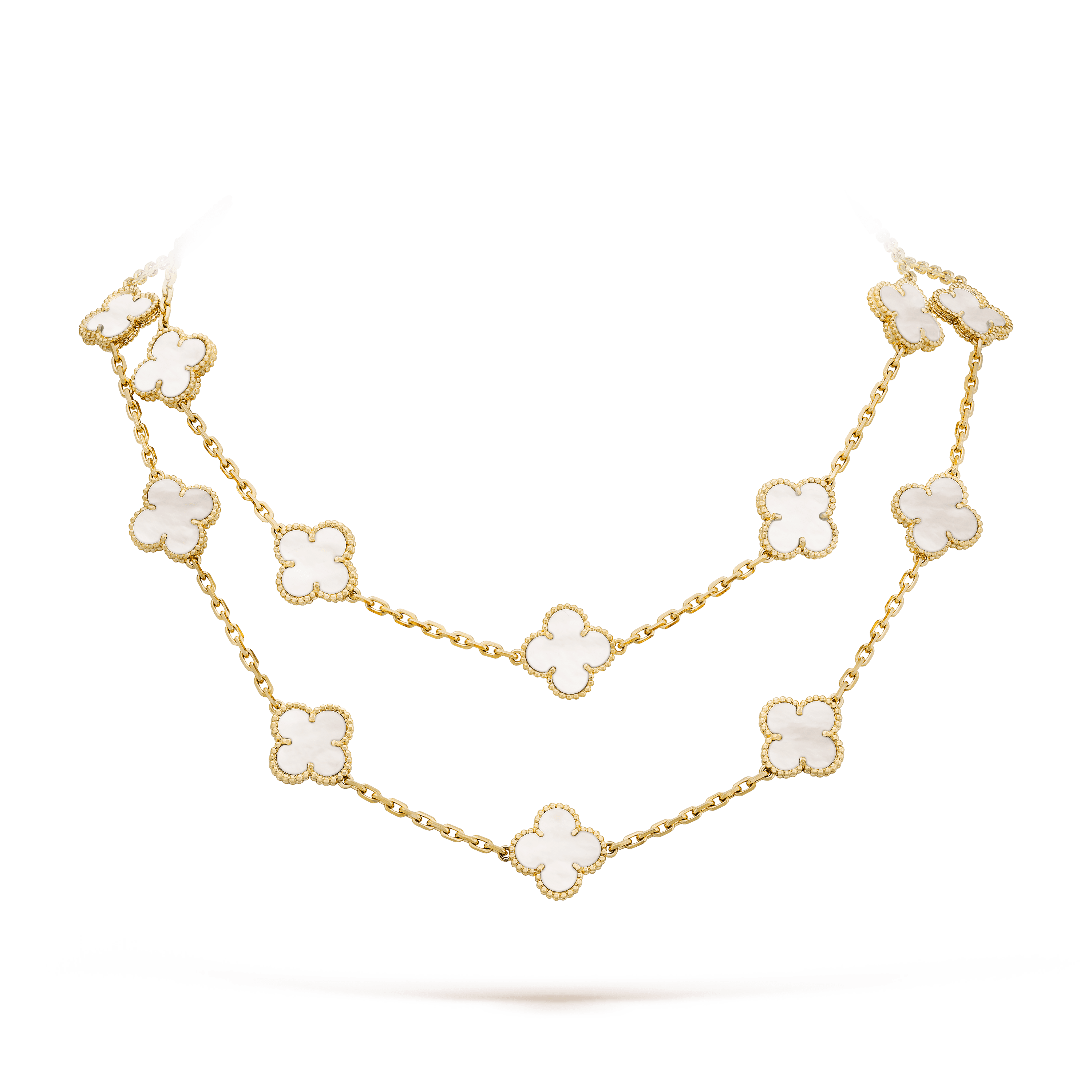ヴィンテージ アルハンブラ ロングネックレス、20モチーフ, イエローゴールド, マザー オブ パール:  20 石, Detail, Jewelry Long Necklace