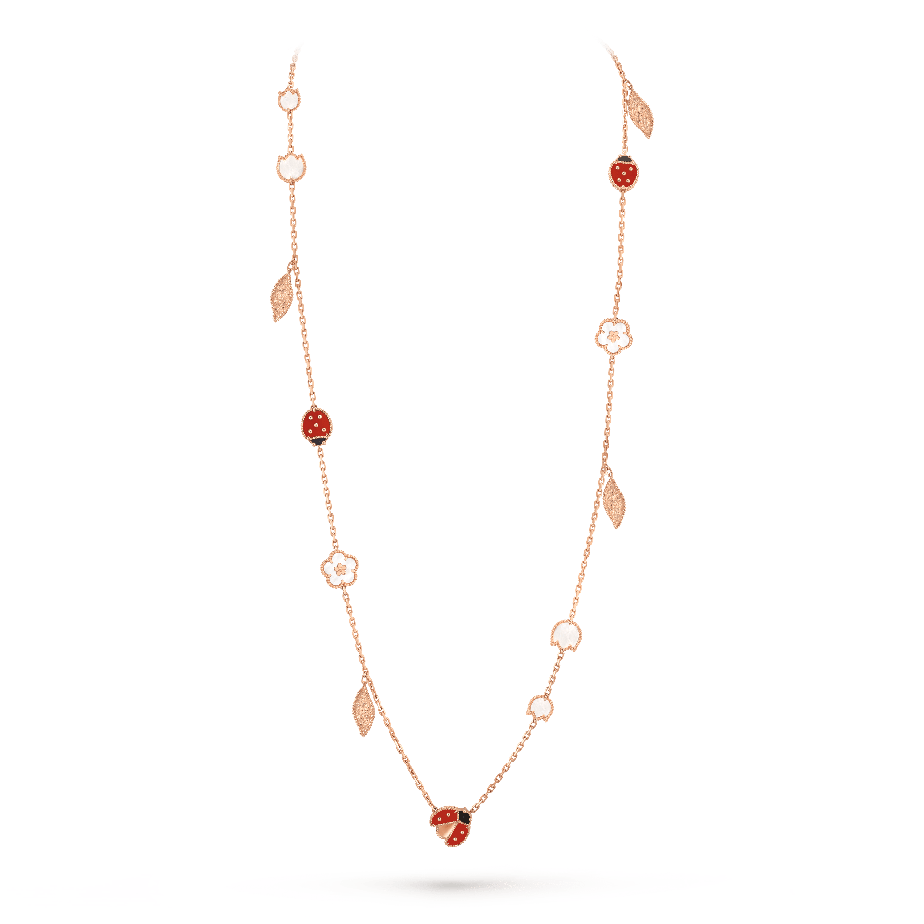 ラッキー スプリング ロングネックレス、15 モチーフ, ローズ ゴールド, オニキス:  3 石, カーネリアン:  4 石, マザー オブ パール:  7 石, On Stand, Jewelry Long Necklace