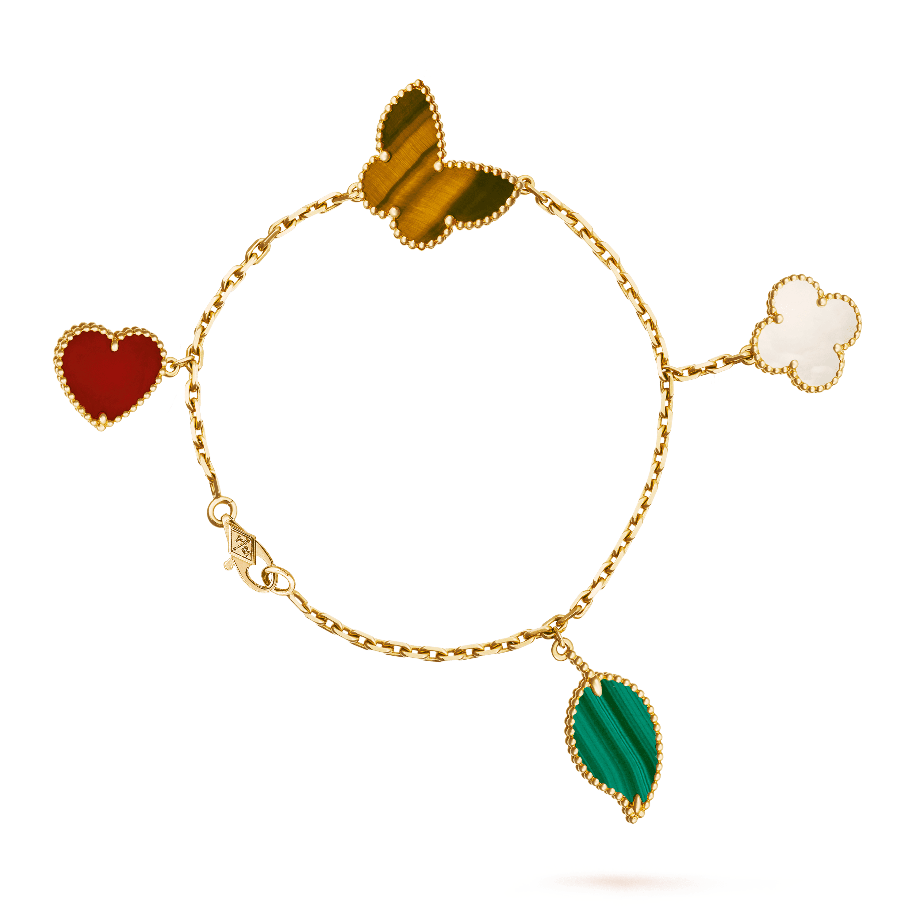 ラッキー アルハンブラ ブレスレット、4モチーフ, イエローゴールド, カーネリアン:  1 石, タイガーズアイ:  1 石, マザー オブ パール:  1 石, マラカイト:  1 石, Front, Jewelry Bracelet