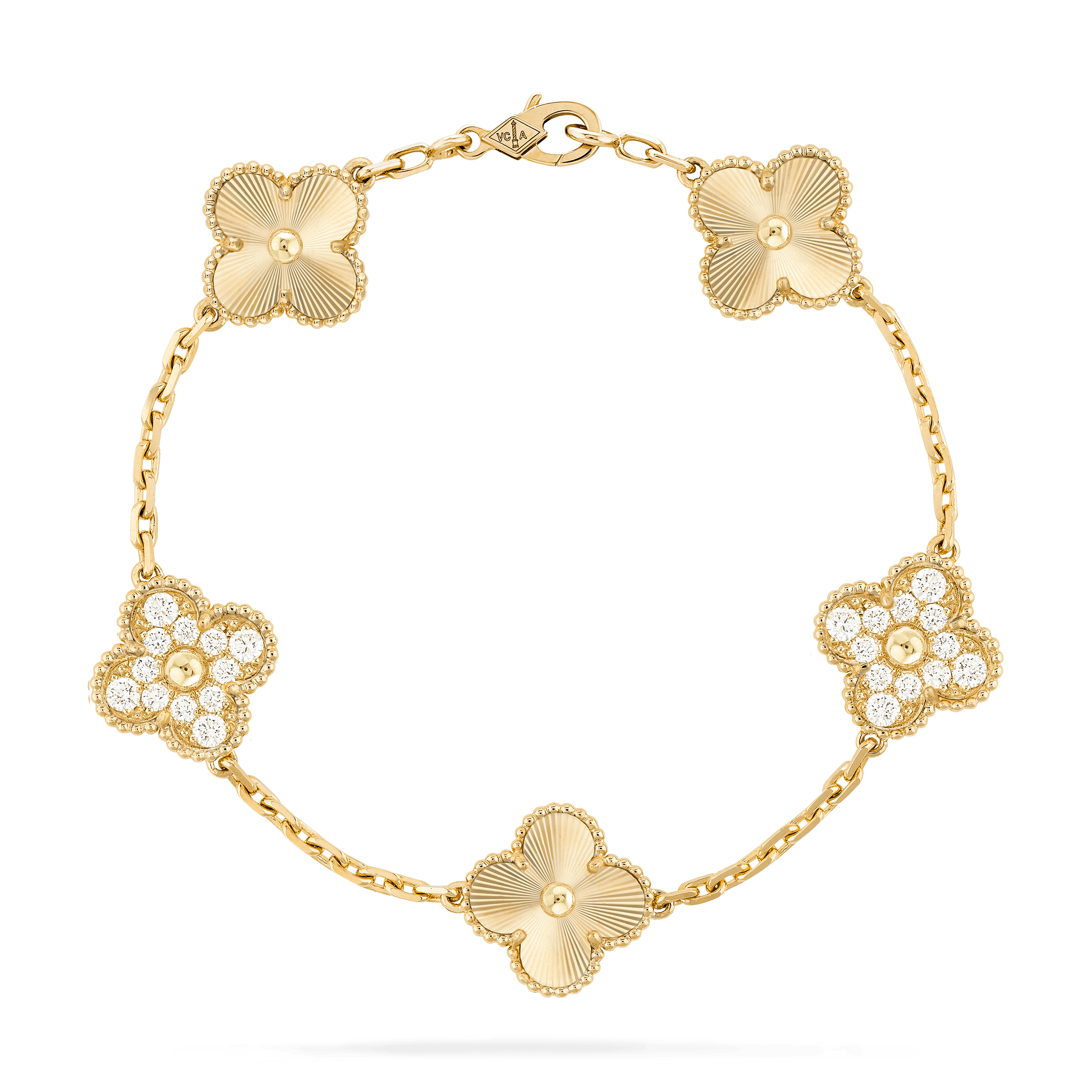 ヴィンテージ アルハンブラ ブレスレット、5モチーフ, イエローゴールド, ダイヤモンド: 24 石, 0.97 カラット, Front, Jewelry Bracelet