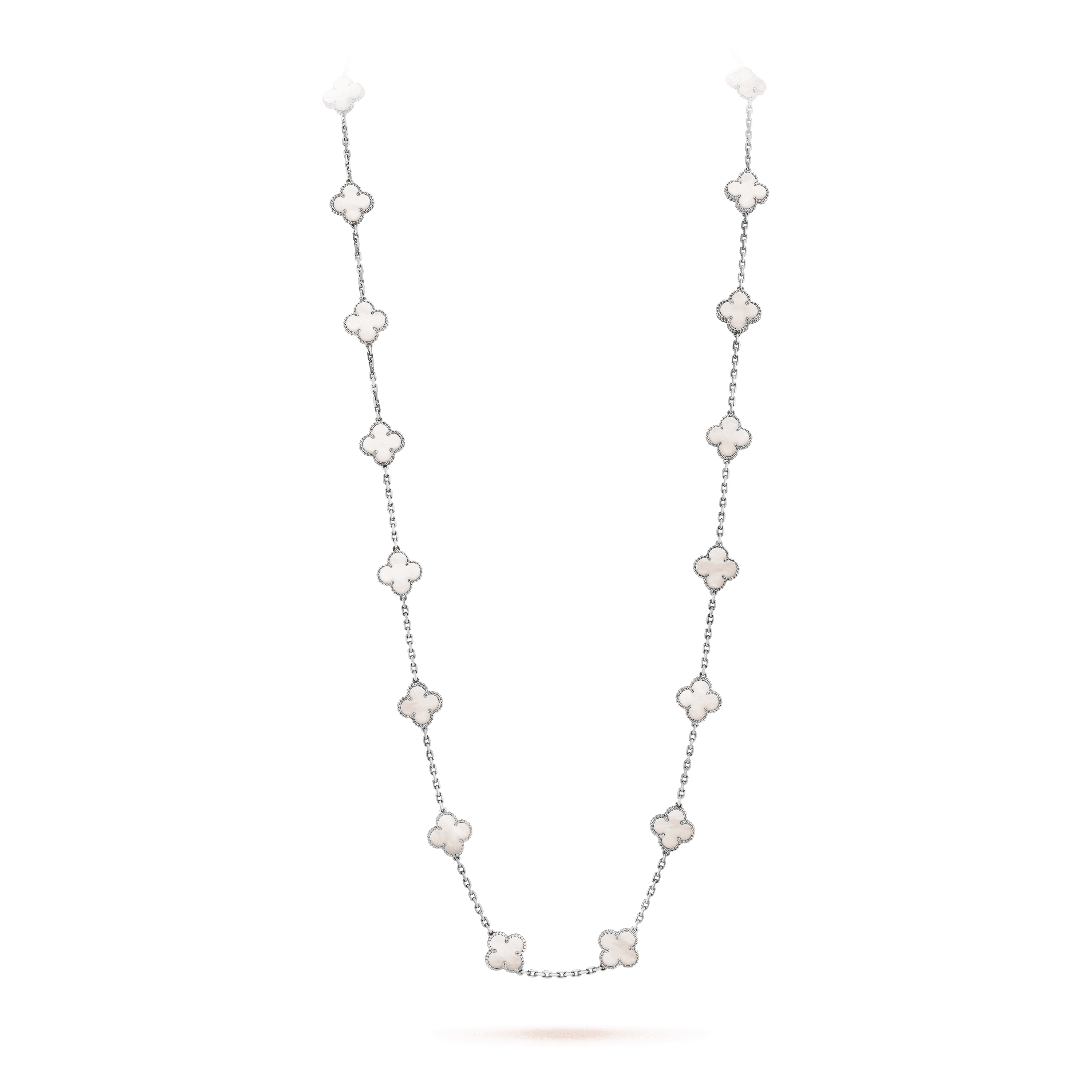 ヴィンテージ アルハンブラ ロングネックレス、20モチーフ, ホワイトゴールド, マザー オブ パール: 20 石, On Stand, Jewelry Long Necklace