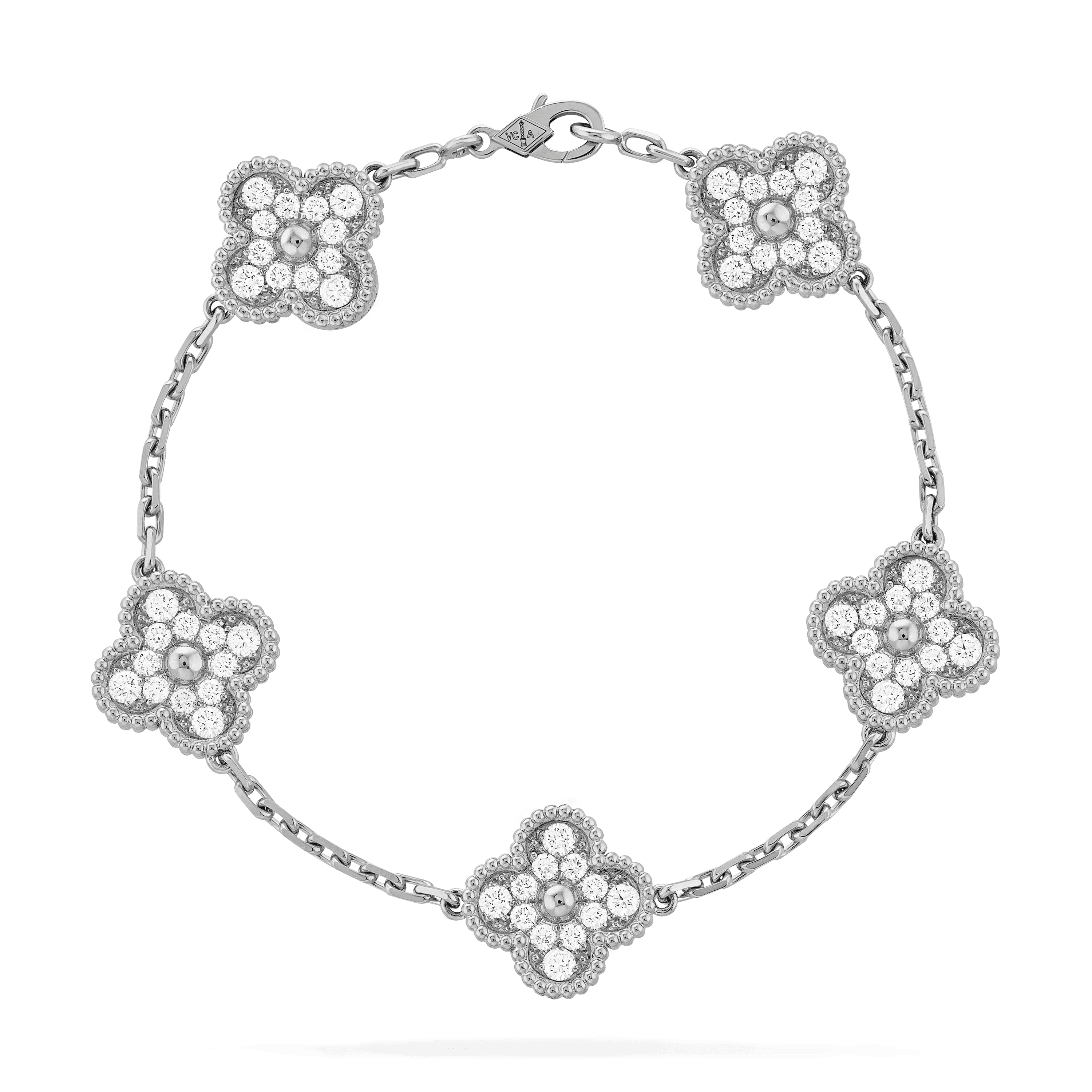 ヴィンテージ アルハンブラ ブレスレット、5モチーフ, ホワイトゴールド, ダイヤモンド: 60 石, 2.42 カラット, Front, Jewelry Bracelet