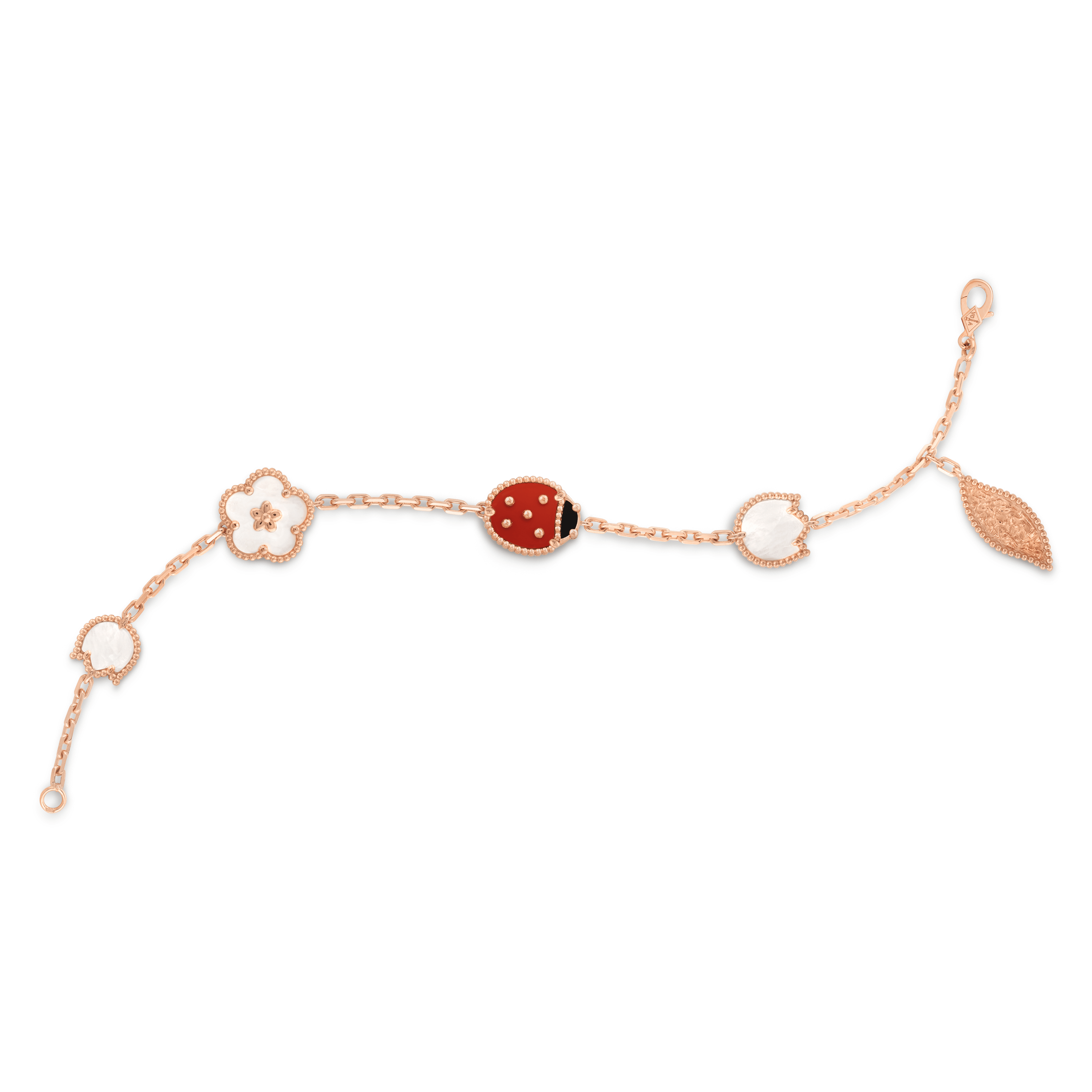 ラッキー スプリング ブレスレット、5 モチーフ, ローズ ゴールド, オニキス: 1 石, カーネリアン: 1 石, マザー オブ パール: 3 石, Open, Jewelry Bracelet