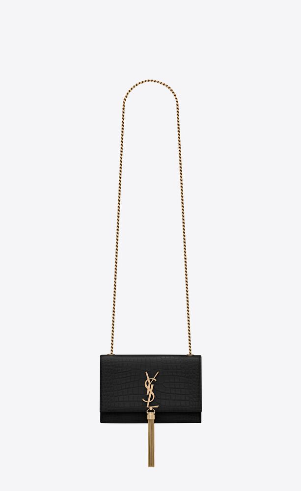 KATE SMALL CHAIN BAG WITH TASSEL IN CROCODILE-EMBOSSED SHINY LEATHER