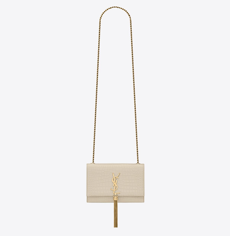 KATE SMALL CHAIN BAG WITH TASSEL IN CROCODILE-EMBOSSED SHINY LEATHER