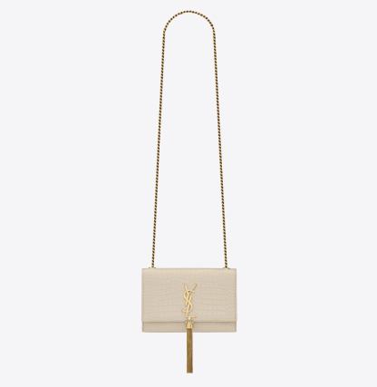 KATE SMALL CHAIN BAG WITH TASSEL IN CROCODILE-EMBOSSED SHINY LEATHER