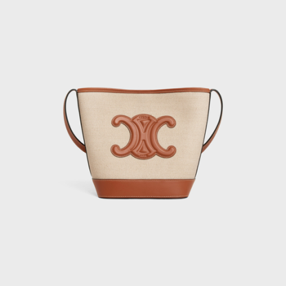 SMALL BUCKET CUIR TRIOMPHE IN TEXTILE AND CALFSKIN NATURAL / TAN