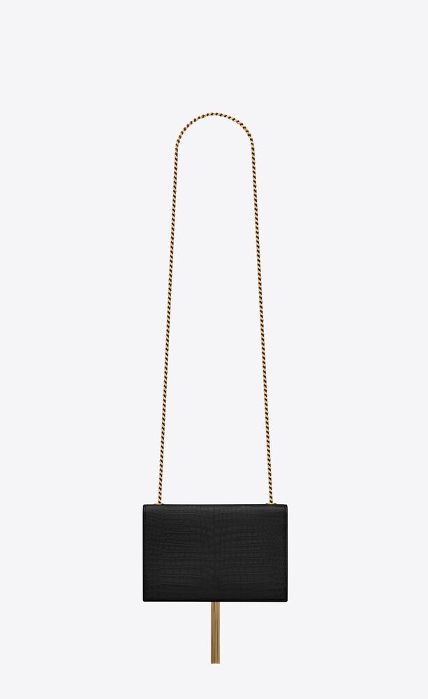 KATE SMALL CHAIN BAG WITH TASSEL IN CROCODILE-EMBOSSED SHINY LEATHER