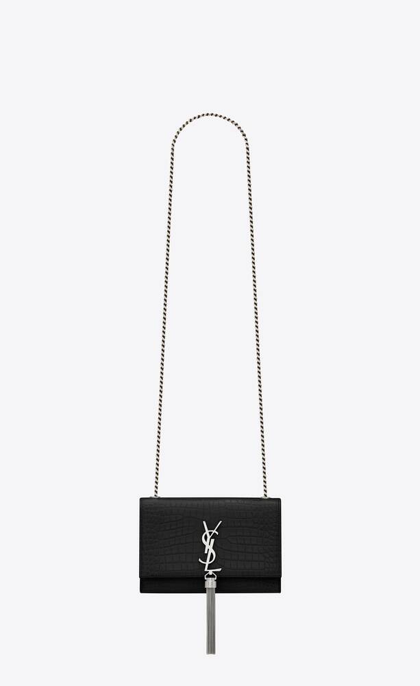 KATE SMALL CHAIN BAG WITH TASSEL IN CROCODILE-EMBOSSED SHINY LEATHER