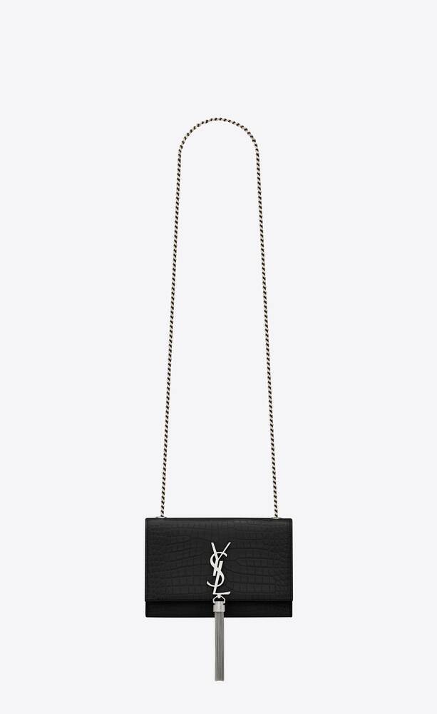 KATE SMALL CHAIN BAG WITH TASSEL IN CROCODILE-EMBOSSED SHINY LEATHER