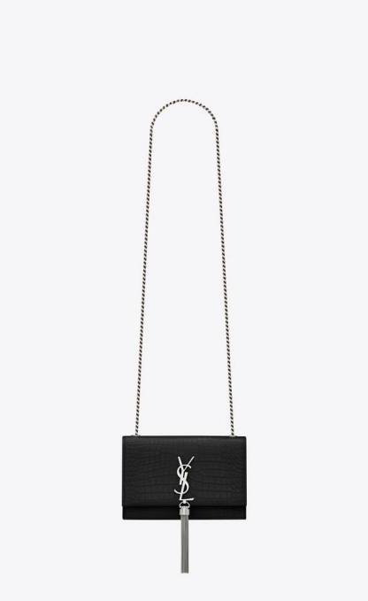 KATE SMALL CHAIN BAG WITH TASSEL IN CROCODILE-EMBOSSED SHINY LEATHER