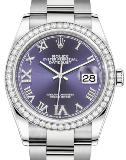 Rolex Datejust 36 White Gold/Steel Aubergine Roman & Diamond Dial & Diamond Bezel Oyster Bracelet
