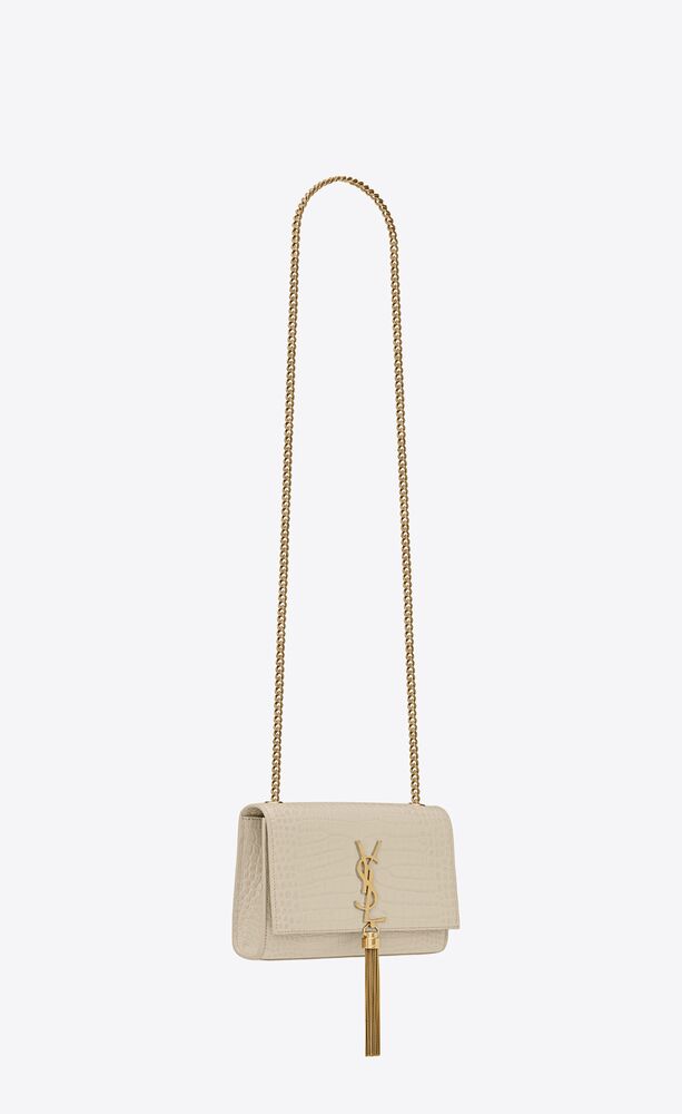 KATE SMALL CHAIN BAG WITH TASSEL IN CROCODILE-EMBOSSED SHINY LEATHER