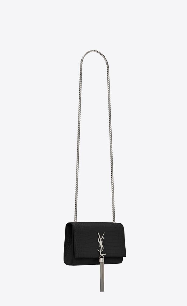 KATE SMALL CHAIN BAG WITH TASSEL IN CROCODILE-EMBOSSED SHINY LEATHER