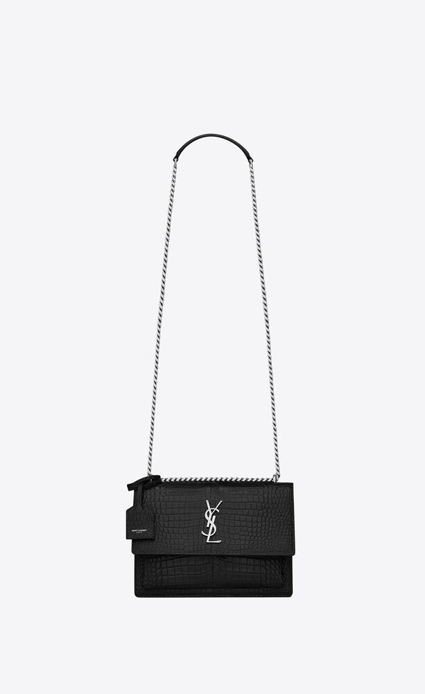 SUNSET MEDIUM CHAIN BAG IN CROCODILE EMBOSSED SHINY LEATHER